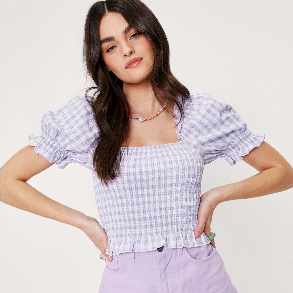 Nasty Gal Gingham Shirred Puff Sleeve Crop Top